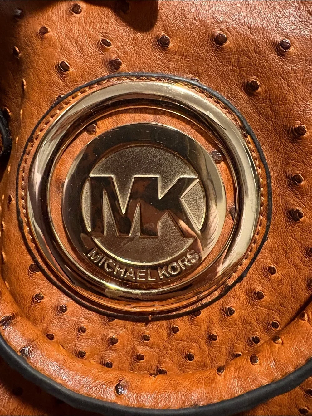 Michael Kors Cognac Ostrich-Embossed Leather Satchel with Gold Logo